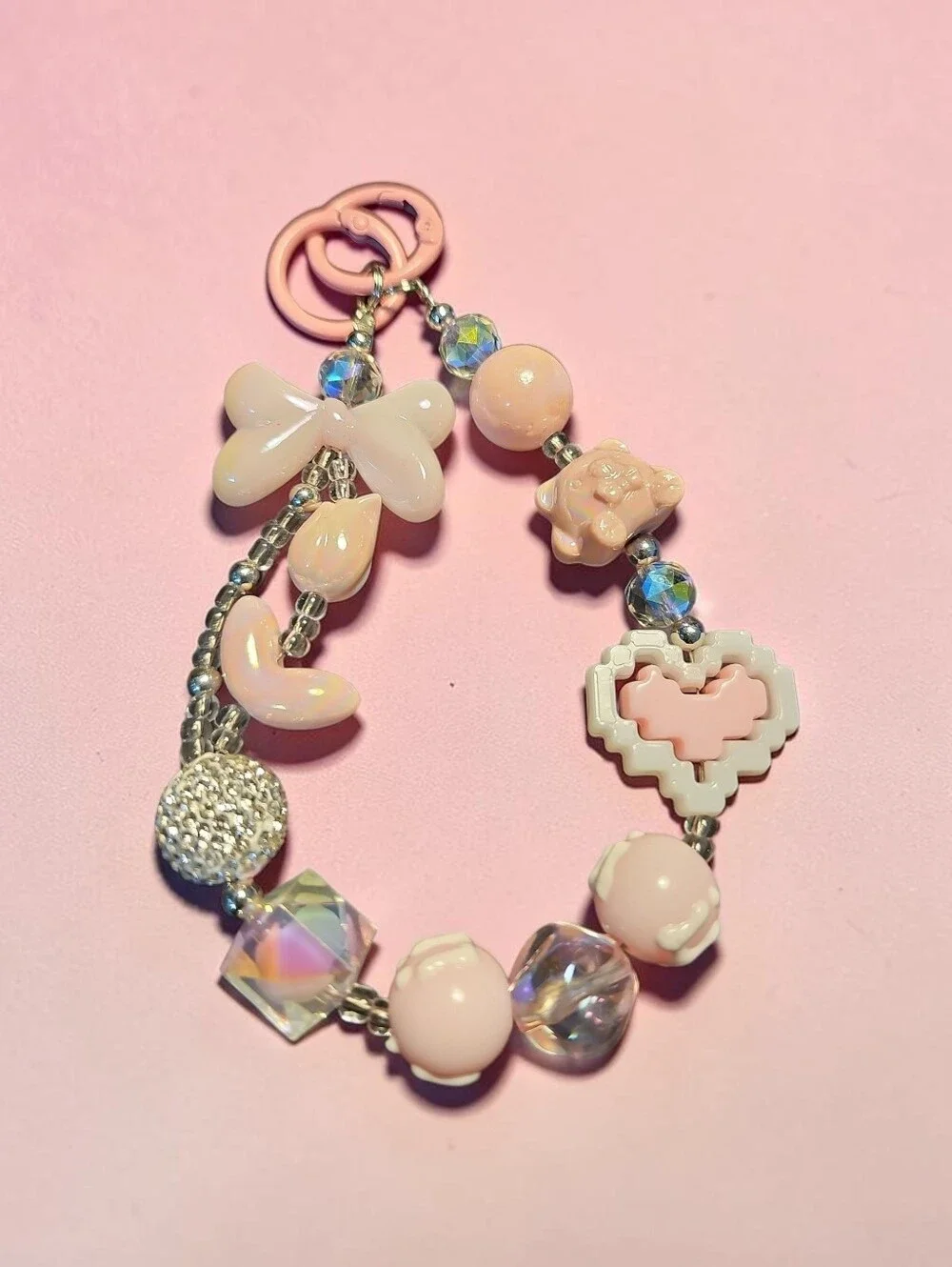 Sassified Boutique Nwt Pink Beaded Charm phone Lanyard with heart & bow Accents.